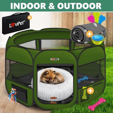 LOVPET® Foldable Pet Playpen - Indoor/Outdoor Dog & Cat Enclosure with Bowl & Fleece Blanket - Oxford Fabric Pop-Up System