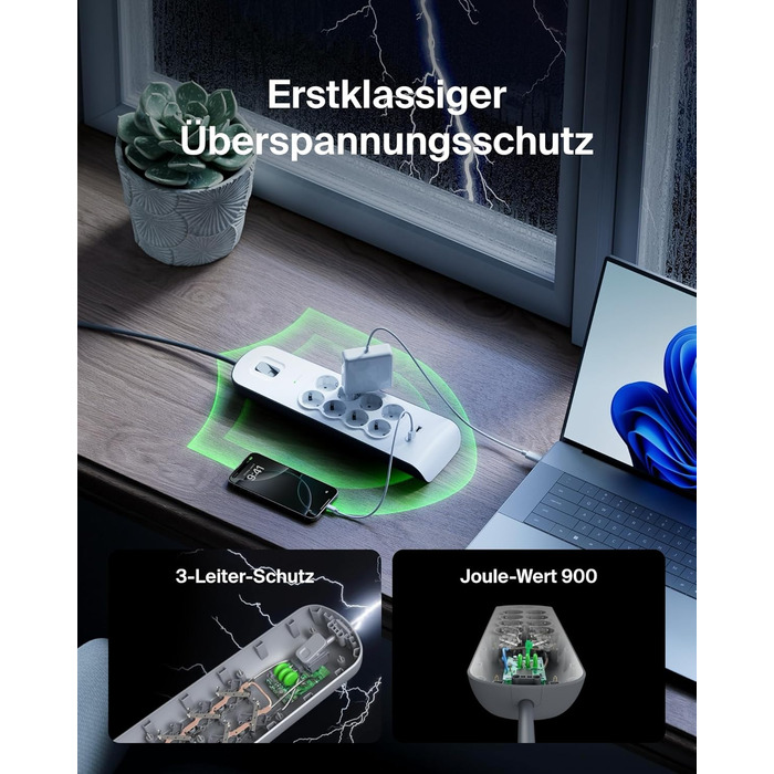 Мережевий фільтр Belkin з 8 розетками, захистом від перенапруги та USB-портами (2.4A), 2 м кабелю, для дому та офісу