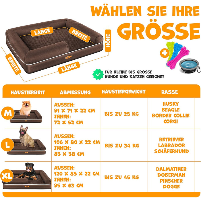 Ортопедичне ліжко для собак Lovpet® з подушкою та мискою, 3 іграшки, для малих, середніх та великих собак, знімний та пральний чохол, 91x71x22 см