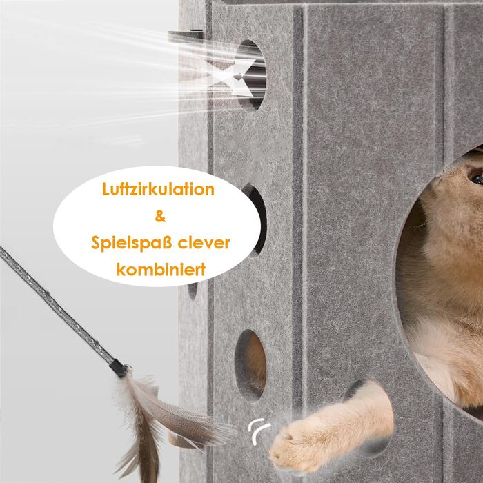 Котяча кігтеточка преміум-класу з 4 ярусами та 3 будиночками, філц, 90 см, зелений (сірий), 35x35x90 см