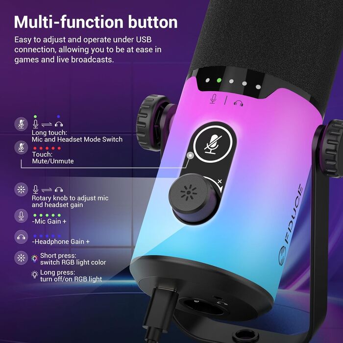 Ігровий мікрофон FDUCE з USB/XLR підключенням, RGB-підсвічуванням та регулятором посилення для стрімінгу, запису подкастів та співу