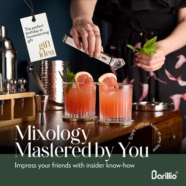 Набір для бармена Barillio Elite Mixology: шейкер, інструменти, бамбуковий підставка, сумка з велюру, рецепти. Сріблястий колір, бамбук