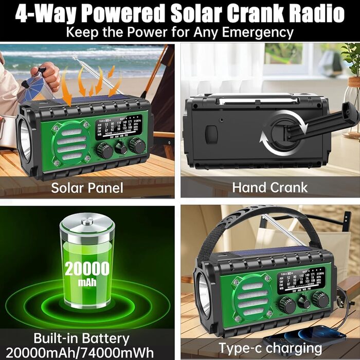 Сонячне радіо з ручним генератором 20000mAh, аварійне радіо SW/AM/FM з Powerbank, LED-ліхтарик, лампа для читання, SOS-сигнал, USB-порт для активного відпочинку