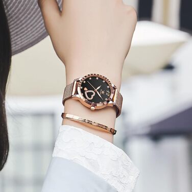 Годинник жіночий OLEVS Roségold: стильні годинники з нержавіючої сталі з діамантовим серцем, водонепроникні, ультратонкі, аналоговий годинник з сітчатим ремінцем, чорний циферблат, рожеве золото