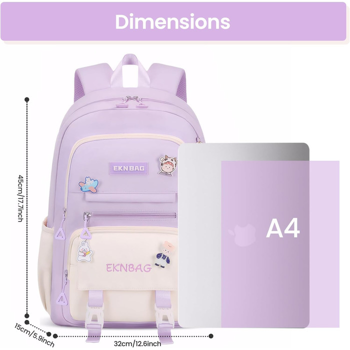 Шкільний рюкзак для дівчаток Tanou: велика місткість, нейлон, для 3-7 класів, Kawaii стиль, фіолетовий