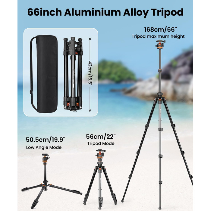 Штатив для камери JOILCAN з алюмінію, 168 см, міцний туристичний штатив з поворотним голковим кріпленням 360° та тримачем для телефону, вантажопідйомність 8 кг, для DSLR Canon Nikon Sony, штатив для iPhone/Smartphone