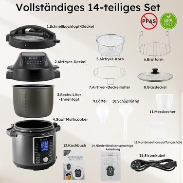 Мультиварка Saaf з Airfryer – 15-ти частинний набір, 24 програми – мультиварка, рисоварка, пароварка, сковорода-каструля – 6л – з корзиною, каструлею та кулінарною книгою – цифровий дисплей