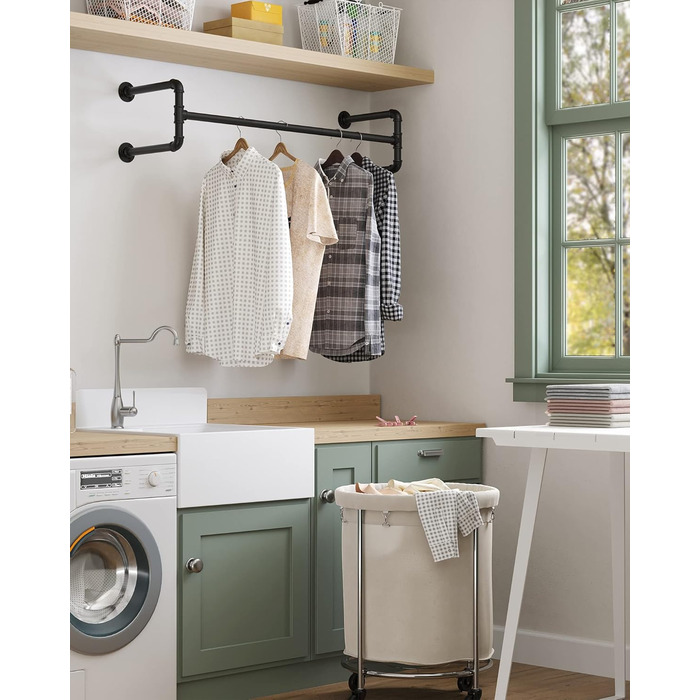 SONGMICS Wall Clothes Rack, Industrial Design Clothes Rail, 2-Piece Set, Wall Mounting, Load Capacity up to 60 kg, 30 x 112 x 29.3 cm, Easy Assembly, Black HSR64BK-02