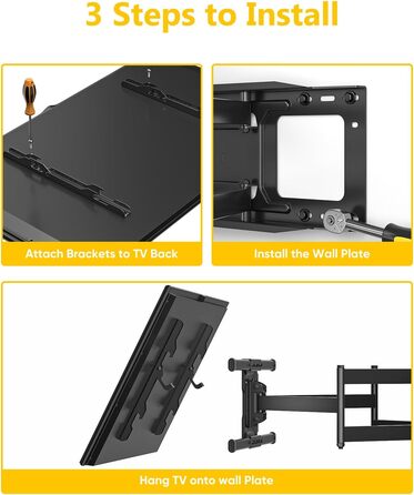 Настінне кріплення для телевізора HY-Bracket поворотне, для LED, OLED, 4K, 37-80 дюймів, чорне, з подовженим кронштейном (для дерев'яних стін)