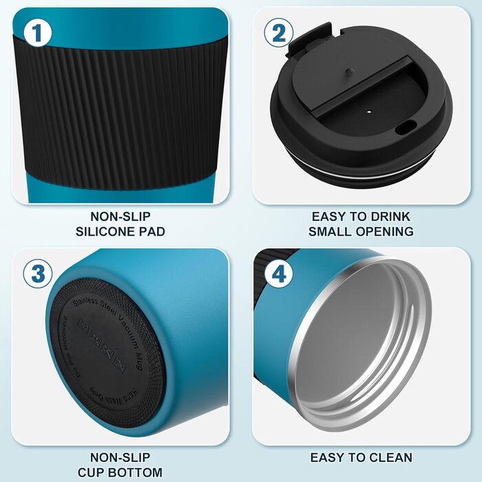 Термокружка для кави з кришкою, 380 мл, з подвійними стінками, з нержавіючої сталі, блакитно-чорна