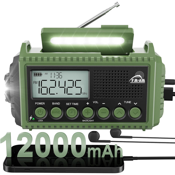 Радіо на батареї 12000mAh | Радіо з ручкою та сонячною панеллю | AM/FM/SW, SOS, USB-C | Водонепроникне IPX4, ліхтарик, для кемпінгу та відпочинку на природі