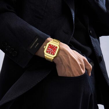 Годинник чоловічий NIBOSI: кварцовий, з нержавіючої сталі, мілітарний стиль, водостійкий, класичний, квадратний, для бізнесу, золотий/червоний