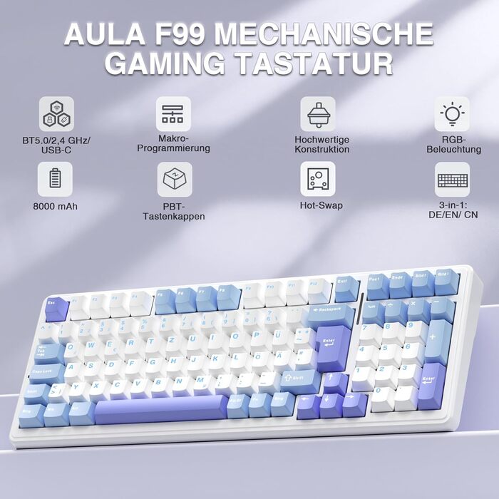 Механічна ігрова клавіатура AULA F99 з підсвічуванням RGB, PBT-клавіші, 8000mAh, 95% розмір, Bluetooth 5.0/2.4G/USB-C, Hot-Swap, Gasket Structure