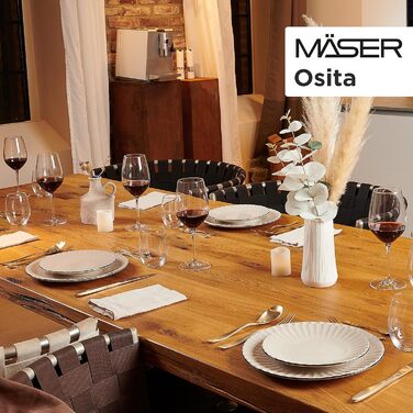 MÄSER 931967 Osita Retro Tableware Set for 6 People with Wave Design, 18-Piece Round Dinnerware Set with Dinner Plates, Dessert Plates, and Muesli Bowls, Dinnerware Set, Stoneware, Cream White Combination Service