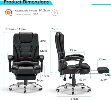Крісло YODOLLA для офісу, 200 кг, ергономічне, з регульованою спинкою, комп'ютерне, з підніжкою, чорне