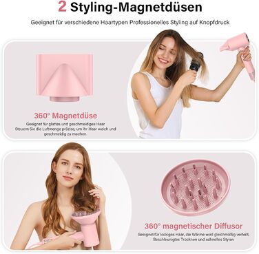 Фен з дифузором, 57dB, швидке сушіння, для подорожей та дому (рожевий)