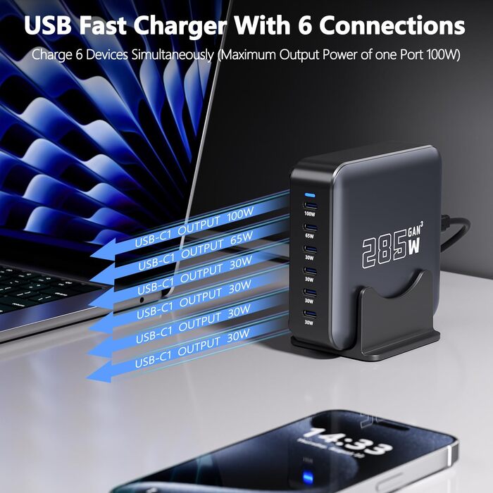 Зарядний пристрій USB-C GaN 285W, 6 портів: Швидка зарядка PD+QC для ноутбуків, MacBook, iPhone 16, Galaxy S23 та інших