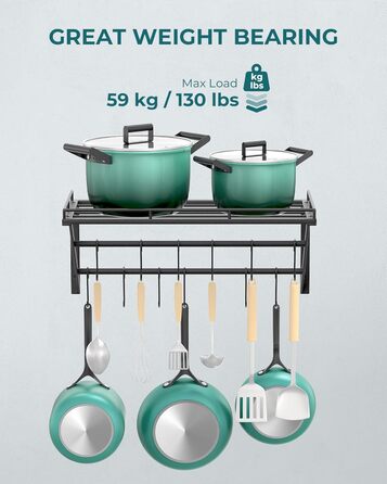 OROPY Pot Rack, 3-Tier Iron Kitchen Shelf, Wall Mount, Pan Holder with 12 Hooks, 60 * 29.5 * 24.5cm, Kitchen Utensil Holder, Kitchen Wall Shelf for Pots and Pans