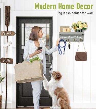 Key board with shelf, wooden key holder with 4 hooks, wall-mounted key rack for entryway, hallway, bedroom, living room, White (Green)