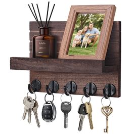Дерев'яне настінне кріплення для ключів з полицею, декоративне, 5 гачків, для прихожої, спальні, вітальні (колір: коричневий)