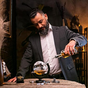 Whisky Carafe Set - Whiskey Gift Set - Gifts for Men - Men's Gifts Gift - Birthday Gift for Men - Globe Decanter 900ML, Gift Box, 4 Whiskey Stones