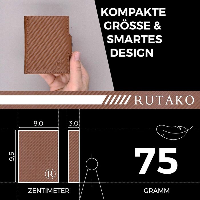RUTAKO Slim Wallet with XL Coin Pocket & RFID Protection - Card Holder for Men & Women - Small Credit Card Holder - Mini Wallet - Purse/Wallet Small - Wallet Carbon-Cognac