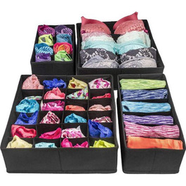 Styleys Set of 4 Foldable Storage Boxes, Drawer Dividers, Odorless Interior Lining, Storage Boxes, Closet Organizer, Under-Bed Organizer for Clothes, Shoes, Underwear, Bras, (Black - S1014)