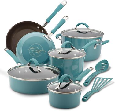Набір посуду Rachael Ray Cucina з антипригарним покриттям, каструлі та сковорідки, алюміній, колір Agave Blue