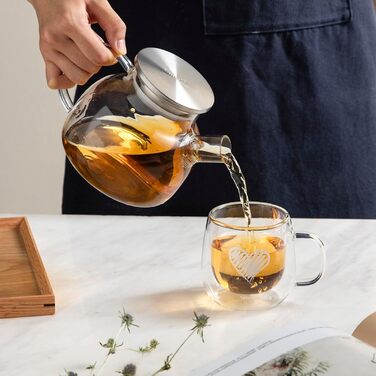 Скляна чайник CnGlass з ситечком, стійкий до плити, 900мл, з нержавіючою кришкою