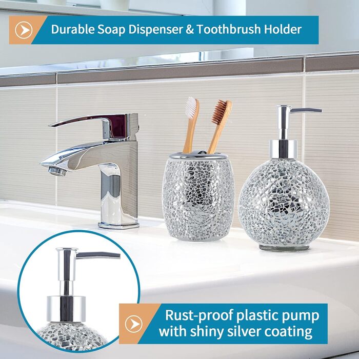 4-Piece Mosaic Glass Bathroom Accessories Set, Modern Luxury Bathroom Ensemble, including Soap Dispenser, Cotton Swab Holder, Toothbrush Holder, Vanity Tray (Shiny Blue) (Shiny Silver)