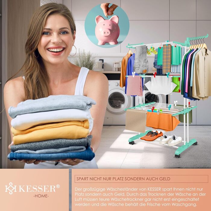 Кесер® Сушилка для білизни з колесами - Турбо-модель, 4 яруси, білий/антрацитовий, з кліпсами