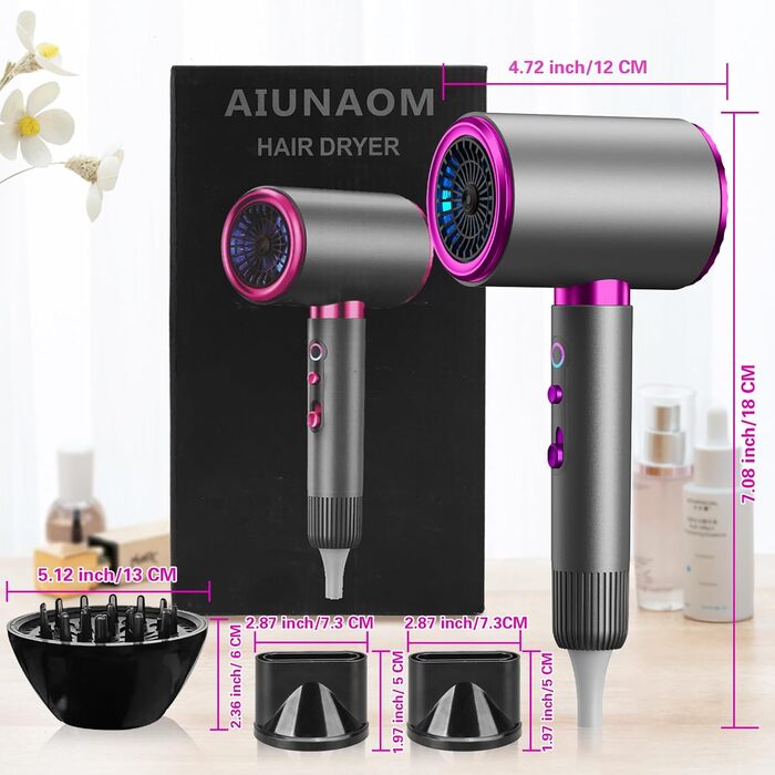 Іонізатор для волосся 2400W з кнопками холодного/гарячого повітря, 3 швидкості, 2 насадки (концентратор + дифузор), тихий фен для дому та подорожей