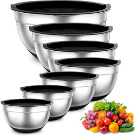 TEAMFAR Mixing Bowl Set of 7, Stainless Steel Bowl Salad Bowl Set with Airtight Lids and Silicone Bottom, Nesting & Dishwasher Safe, 0.7L / 1.2L / 1.5L / 2.5L / 2.8L / 3.5L / 6.5L, black