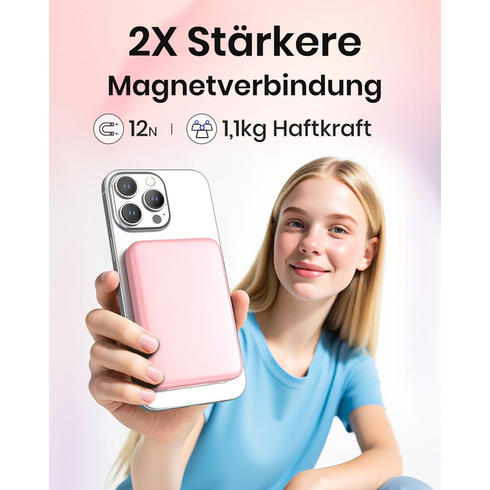 Power Bank Riapow 10000mAh з бездротовою зарядкою, PD 20W, USB-C, LED-індикатор (Рожевий)