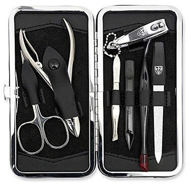 Набір для манікюру Drei Schwertter 'Pesaro' 7 предметів | Чорний шкіряний кейс | Ніж для шкіри, щипці для нігтів, пінцет, алмазна заточка, інструмент 2-в-1, ремувер для кутикули, кусачки для нігтів