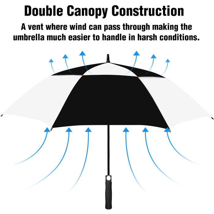 Стійкий до вітру парасолька-тростина XL/XXL, автоматичний, з подвійним вентиляційним отвором - високоякісний парасолька для жінок та чоловіків, ідеальний як гольф-парасолька (чорний/білий, 62 дюйми/157 см)