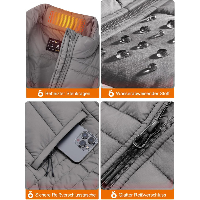 Обогреваемый жилет UNBON для мужчин и женщин с Powerbank 10000mAh USB, 3 режима нагрева, 6 зон обогрева, аккумулятор (L, Серый)