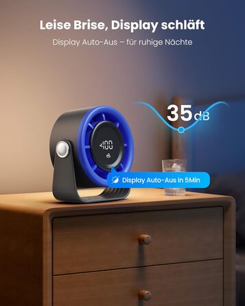 Портативний акумуляторний вентилятор Gaiatop з USB, 5 швидкостей, LED-дисплей, поворотний на 360°, для дому та офісу (блакитний)