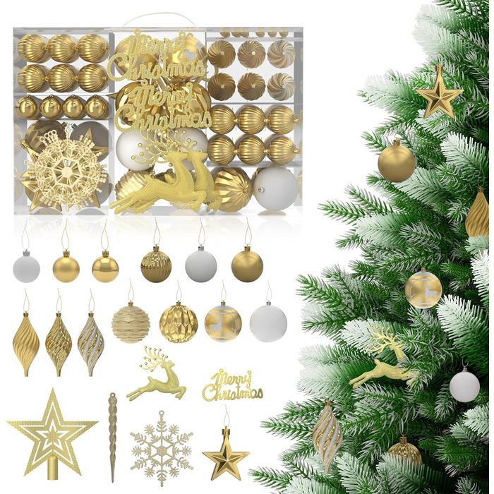 Набір прикрас для ялинки Aufun 108 шт. Преміум якість, пластик, з верхівкою, ялинкові кулі, зірки, безпечні прикраси, ялинкові кулі багаторазового використання, декор для ялинки (шампань, срібло)