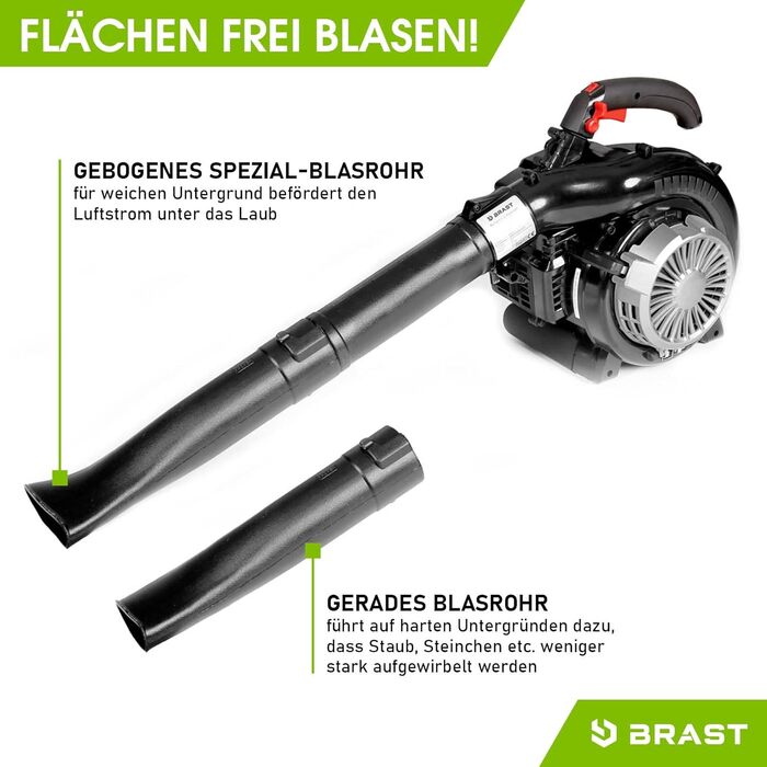 BRAST® Leaf Blower/Vacuum - Gas Powered 1.0kW (1.36HP) | 55L Collection Bag | Includes 2 Blow Pipes, Shoulder Strap & Anti-Vibration Handle | 4-in-1 Function | Blowing Speed 73 m/s
