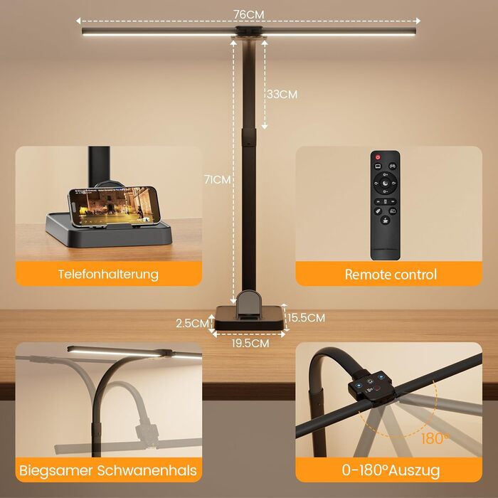 APMIEK LED Настільна лампа для офісу та дому, 24W, 76 см, з регульованим кутом нахилу, 3200K-6500K, захист для очей, чорна з підставкою