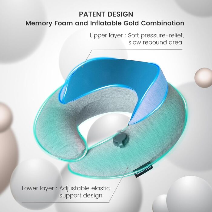 Подушка для шиї BestMaxs надувна туристична для подорожей літаком, поїздом, автомобілем. Зручна для офісу та сну. Наволочка з бавовни. Колір: Freizeitgrau, розмір: Medium