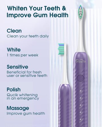 Електрична зубна щітка для дорослих з 6 насадками, акумуляторна звукова, фіолетова (1 шт.) - тривала робота до 180 днів