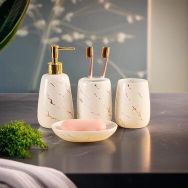 Bathroom Accessory Set, 4-Piece, complete with toothbrush holder, toothbrush cup, soap dispenser, soap dish, classic with gold-veined marble design, (White)