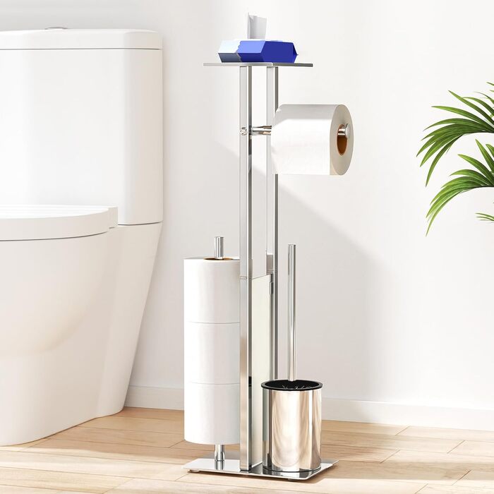 Stainless Steel Toilet Paper Holder with Brush & Shelf - Freestanding Toilet Roll Dispenser with Cover & Tray (Silver)