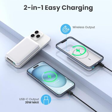 Power Bank HETP 10800mAh з бездротовою зарядкою MagSafe, PD 20W, USB-C, LED-дисплеєм. Сумісний з iPhone 16/15/14/13/12