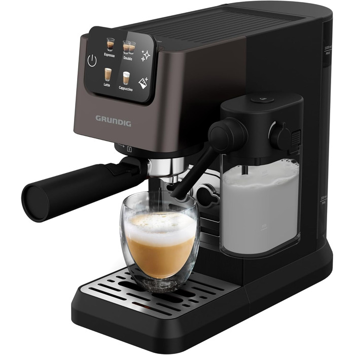 GRUNDIG KSM 5330 Espresso Machine with Integrated Milk Container, 1628 W Power, 15 bar Pump Pressure, Dual Nozzle, Color Touch Display, BrewSense, CreamyPro, Dark Inox/Black. With Milk Container