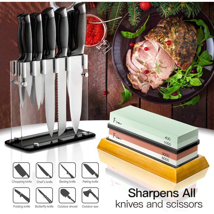 Набір для заточування ножів Schleifstein, двосторонній 400/1000/3000/8000 гріт, з відточувальним каменем, бамбуковою основою, кутовою направляючою, шкіряним ремінцем та полірувальною пастою