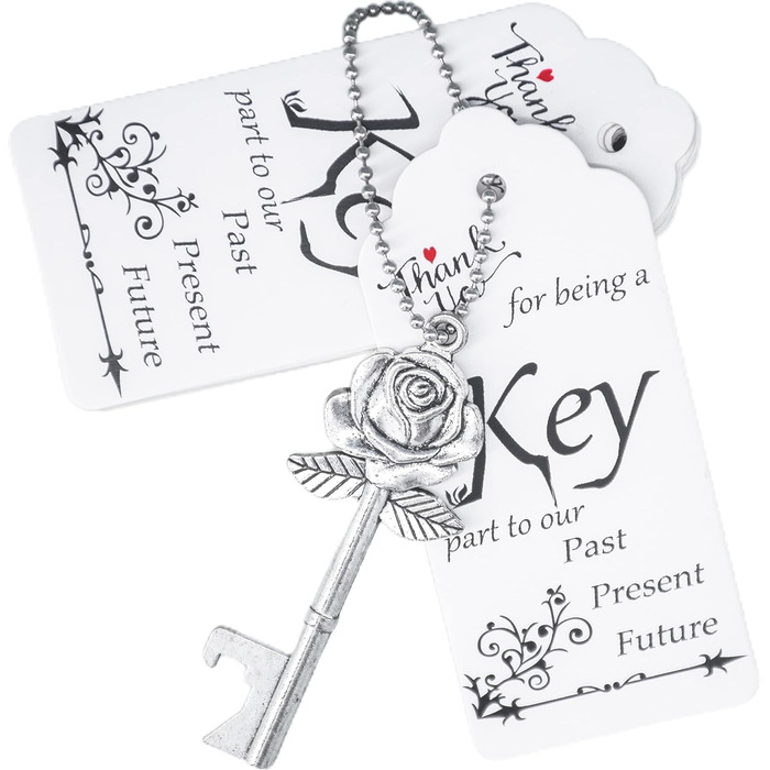 Aokbean 100 Pieces Wedding Key Bottle Opener Rose Shape Vintage Rustic Cake Accessories Suitable as a Gift for Guests with Thank You Card and Chain (Antique Silver)