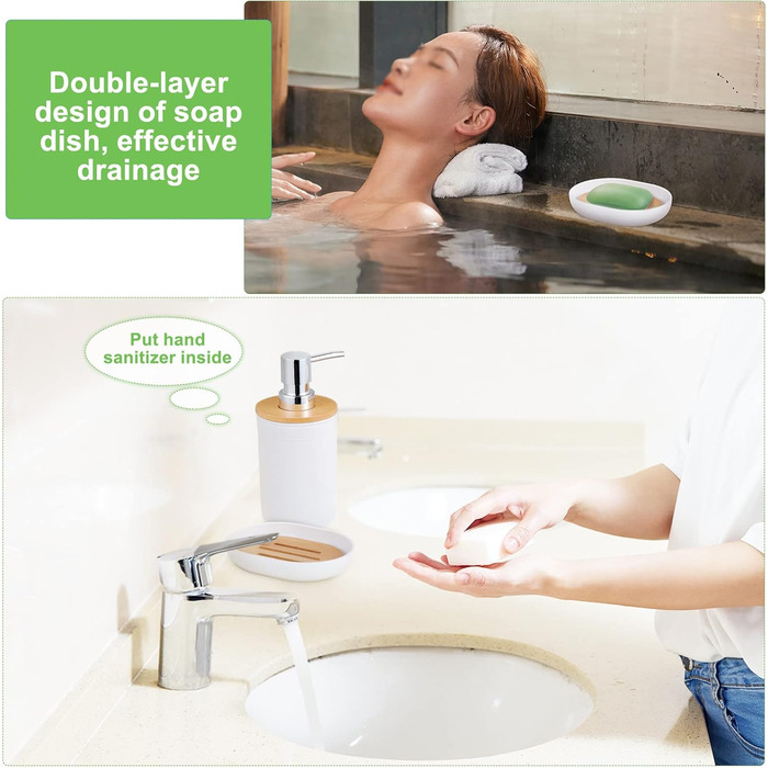 Набір аксесуарів для ванної кімнати з бамбука (4 шт): стакан для зубної пасти, тримач для зубних щіток, стакан для ополіскувача, дозатор для лосьйону, мильниця (білий)